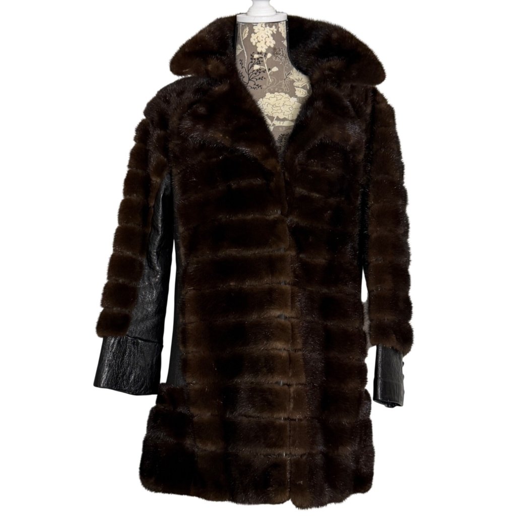 Vintage Penny Lane Paneled Mink Fur/Eather Mid Length Coat W/ Pockets Womens S/M